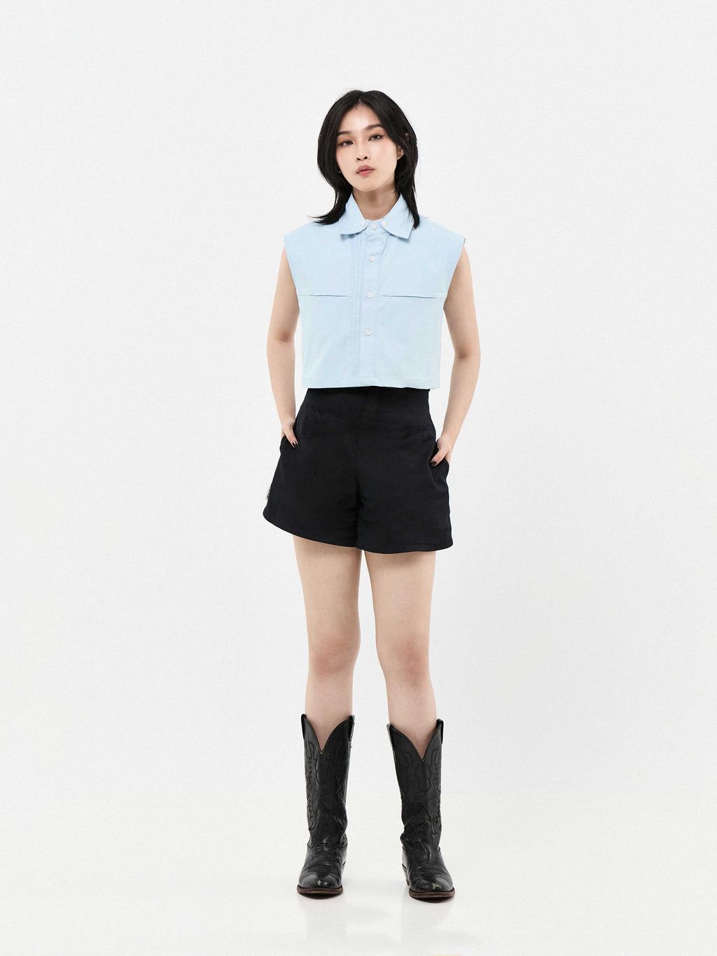 Double Collar Short Sleeve Cropped Shirt | White