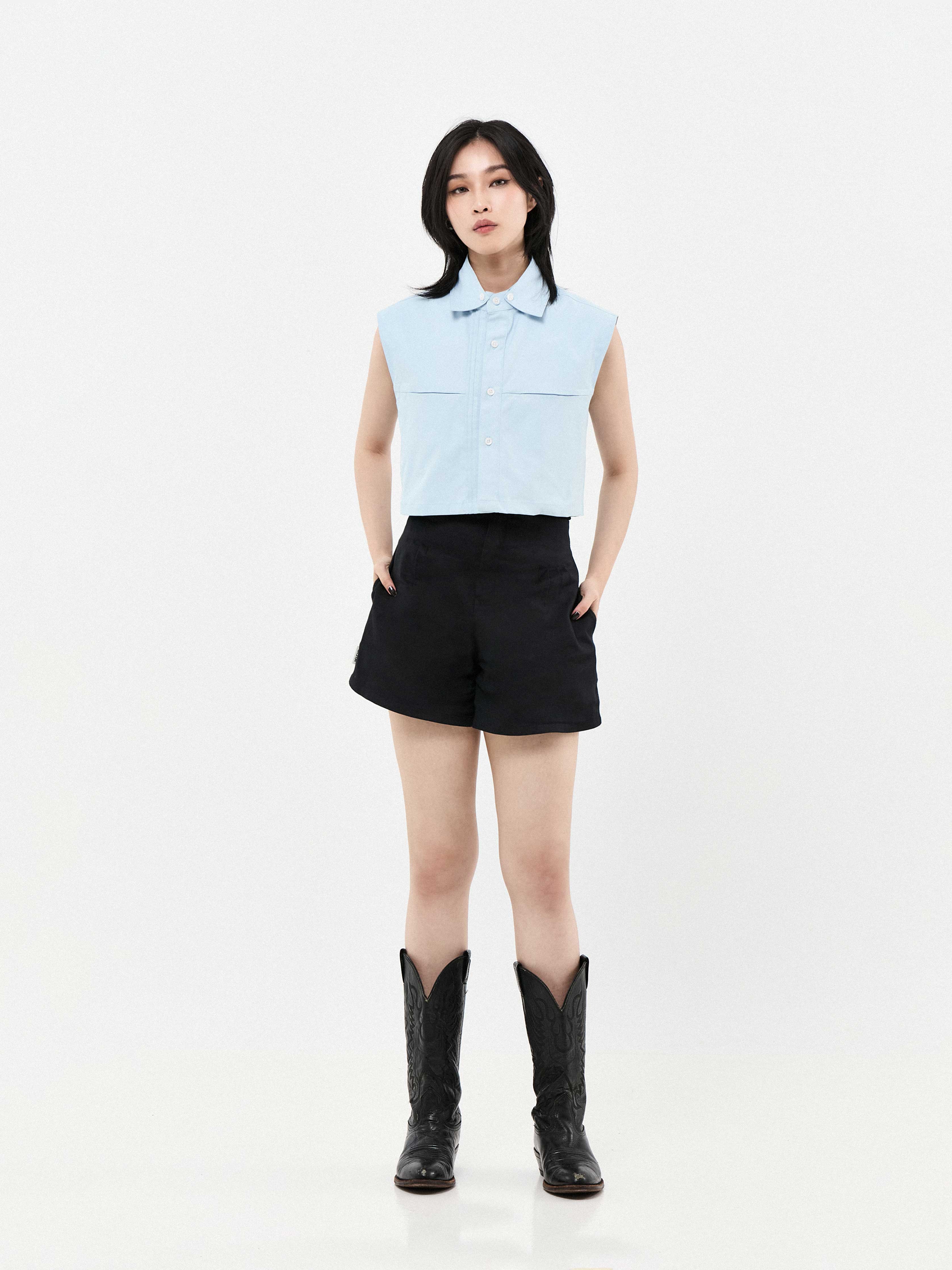 Double Collar Short Sleeve Cropped Shirt | White