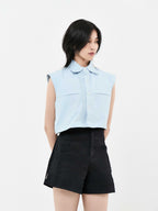 Double Collar Short Sleeve Cropped Shirt | White