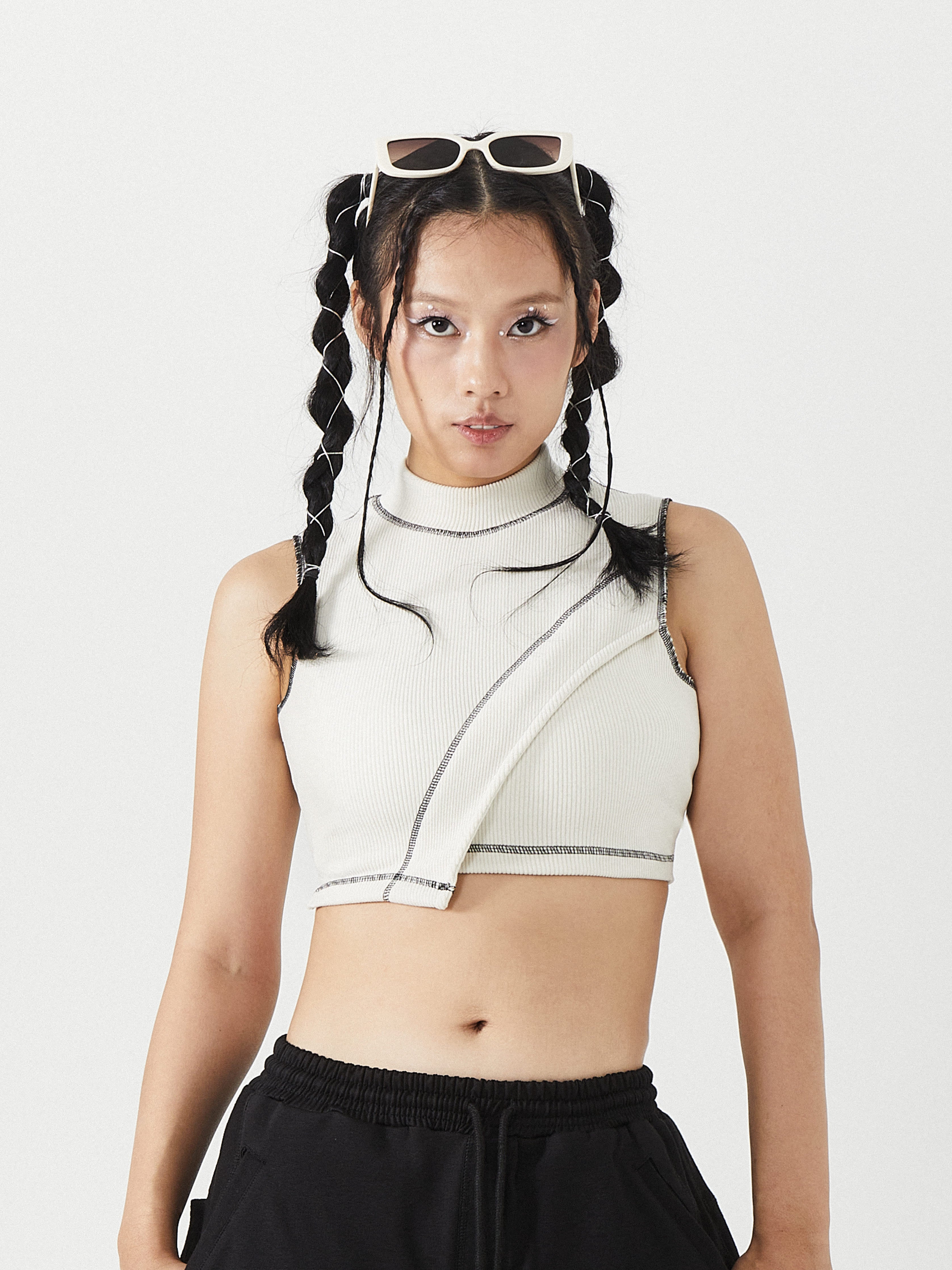 High Neck Stitch Top | Beige