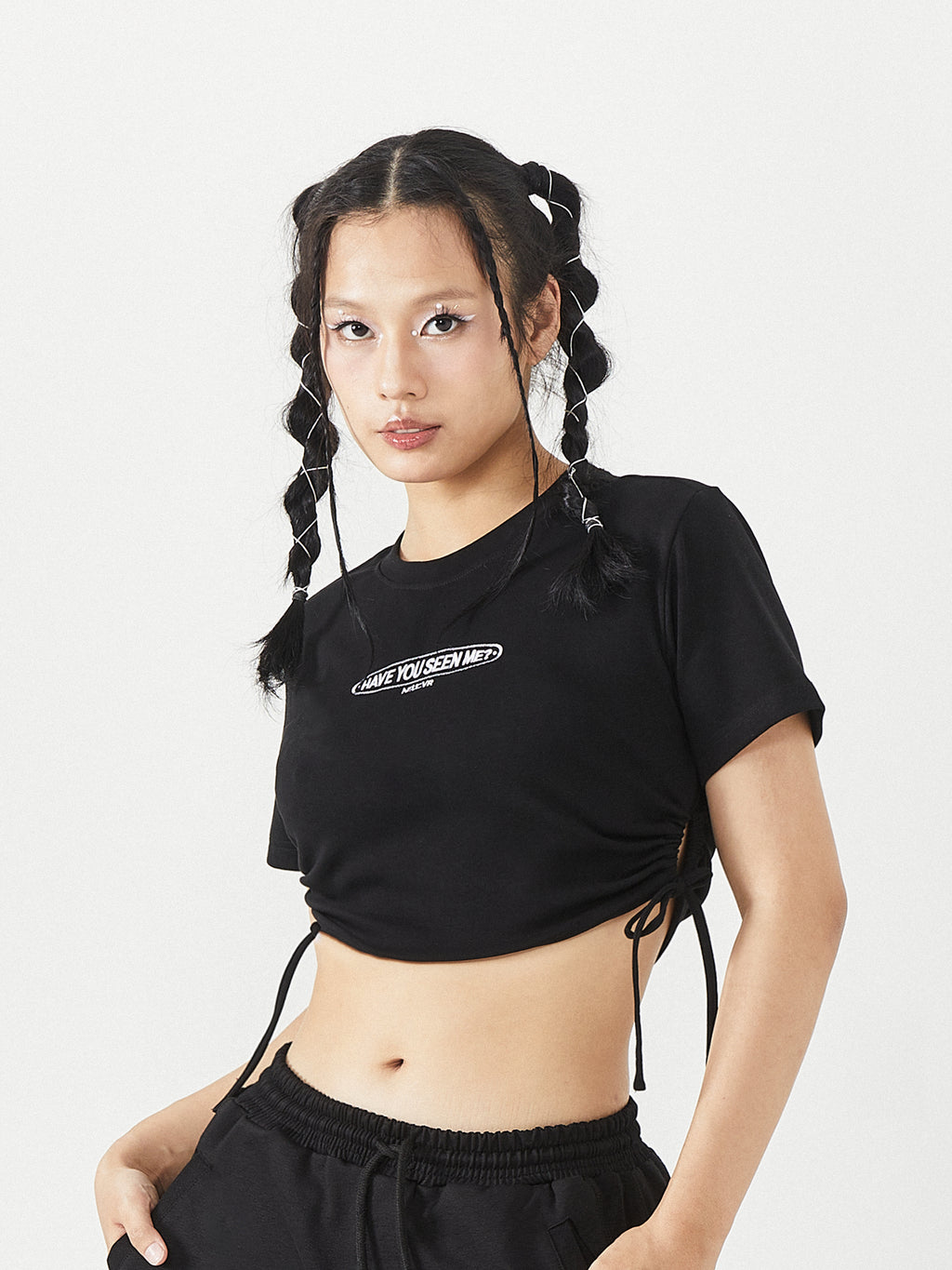 Graphic Ruched Side Crop Top | White