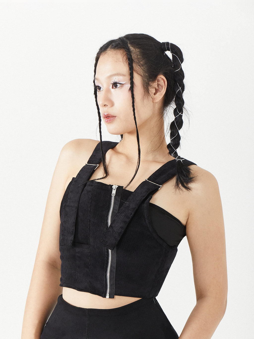 Cropped Corduroy Zipper Vest Top | Black