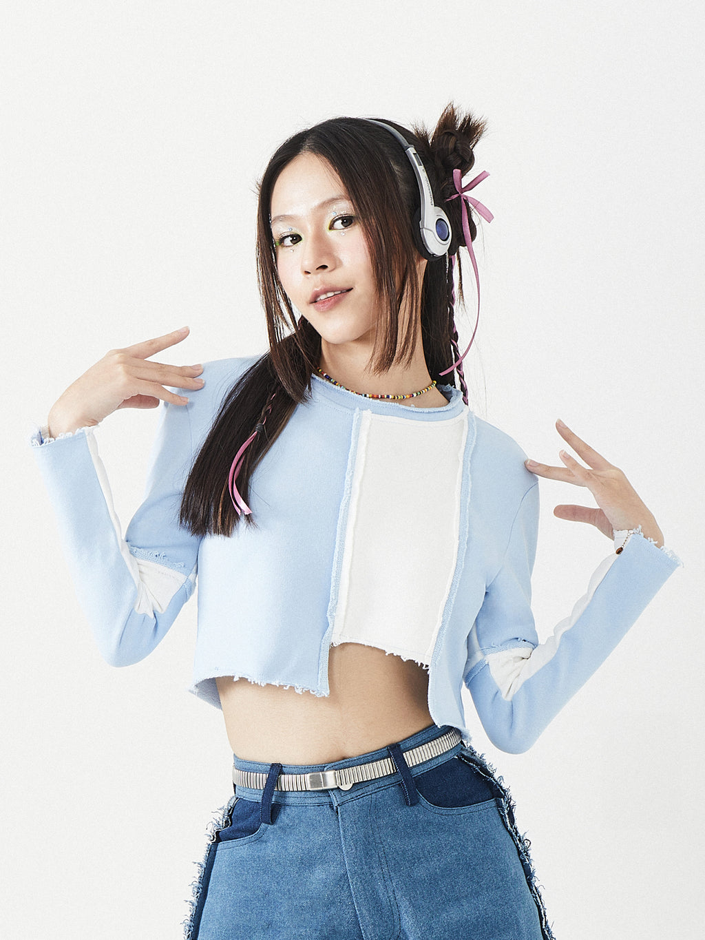 Raw Edges Long Sleeves Crop | Blue