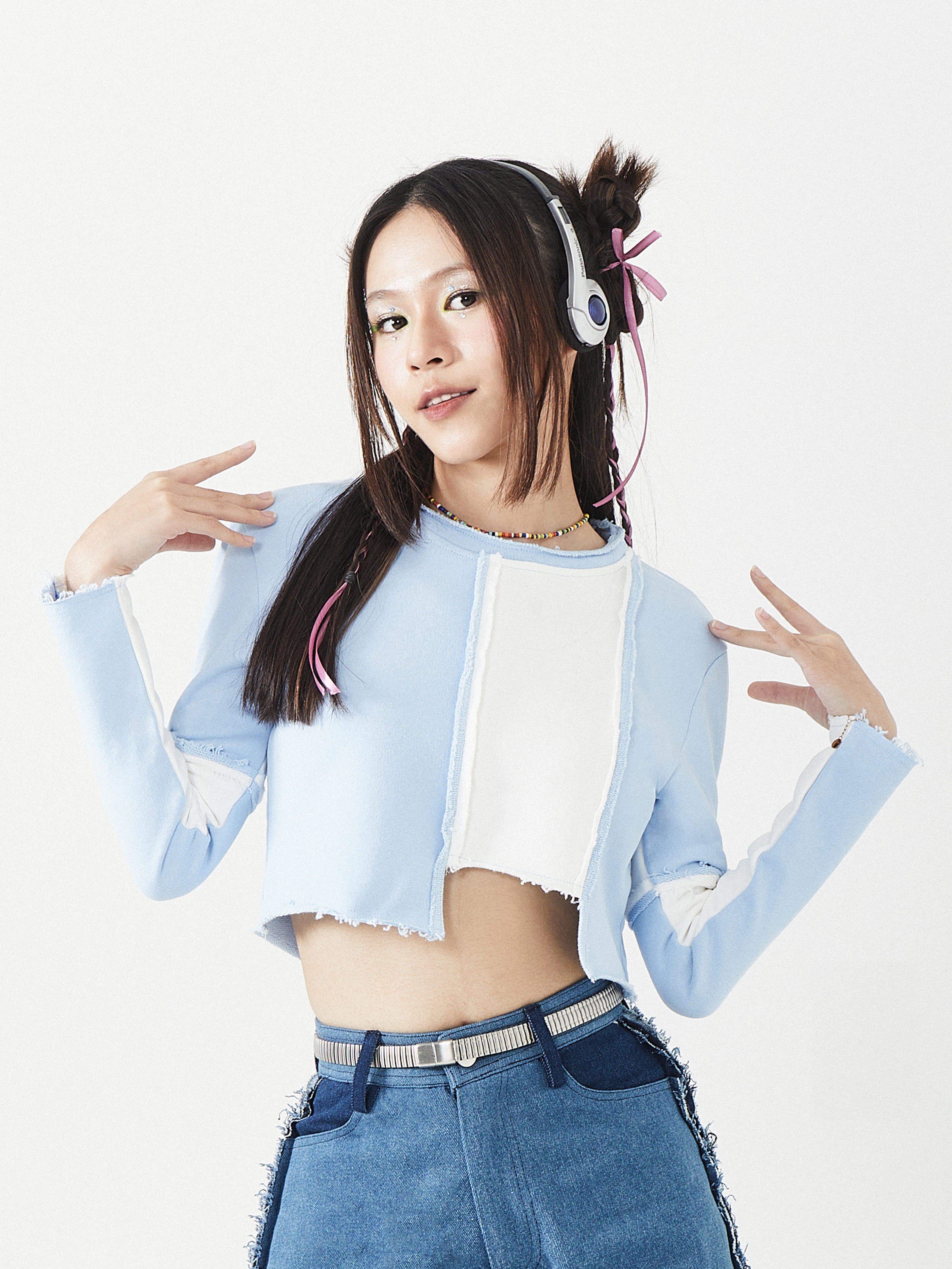 Raw Edges Long Sleeves Crop | Blue